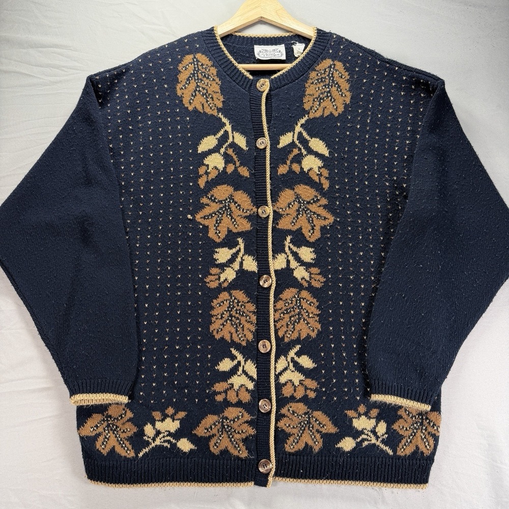 Vintage Grandma Sweater Womens Large Blue Cardiga Knit Villager Autumn Fall 90s